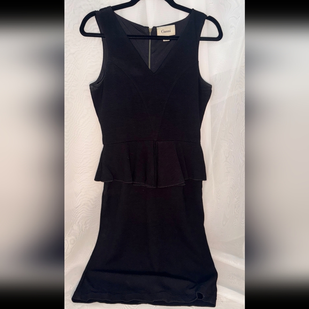 Ganni Black Peplum Mini Dress V-Neck Cocktail